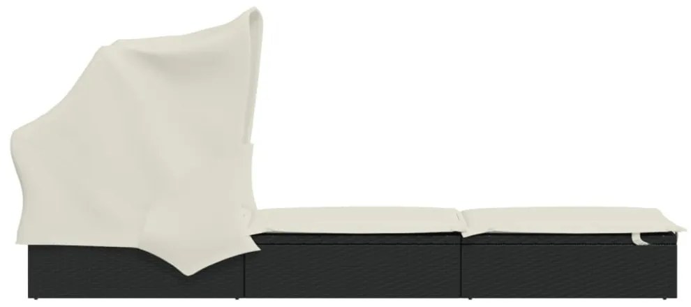 fekete polyrattan napozóágy összecsukható tetővel 213x63x97 cm