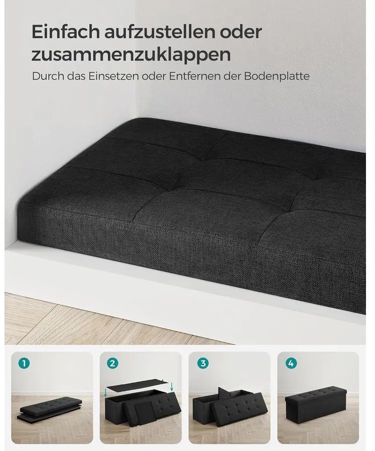 SONGMICS tárolós ülőke – összecsukható pad, 38 × 110 × 38 cm, tinta­fekete színben