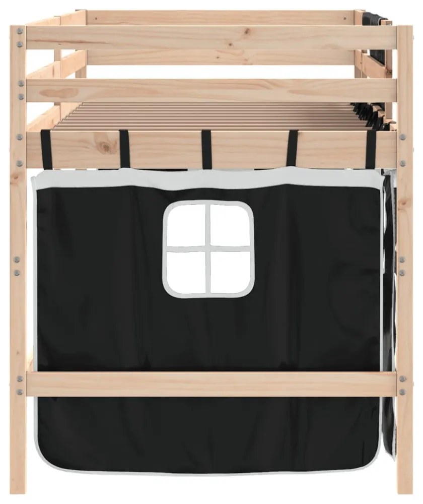 fehér-fekete tömör fenyő gyerek galériaágy függönnyel 90x190 cm