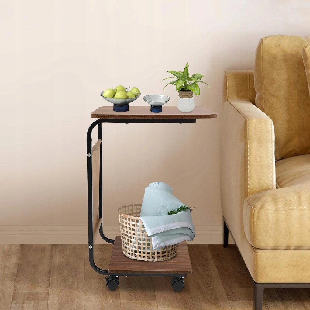 Oldalasztal Kerekekkel És Zsebbel 63CM, C-alakú, Mobil Kanapé/ágy Alá