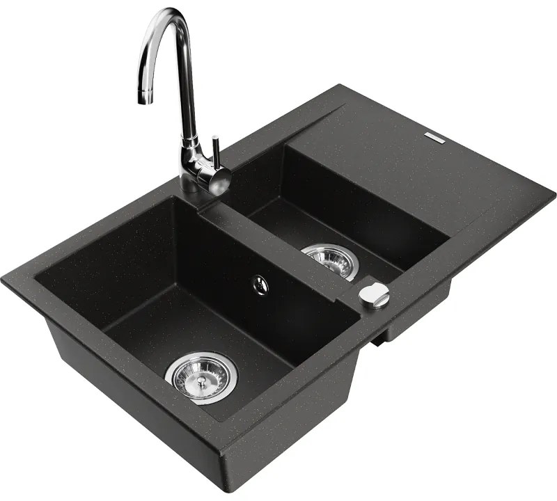 Mexen Gaspar, gránit mosogató 737x475x177 mm, 1,5 kamrás és Telma króm csaptelep, fekete-arany metál, 6507-75-670200-00