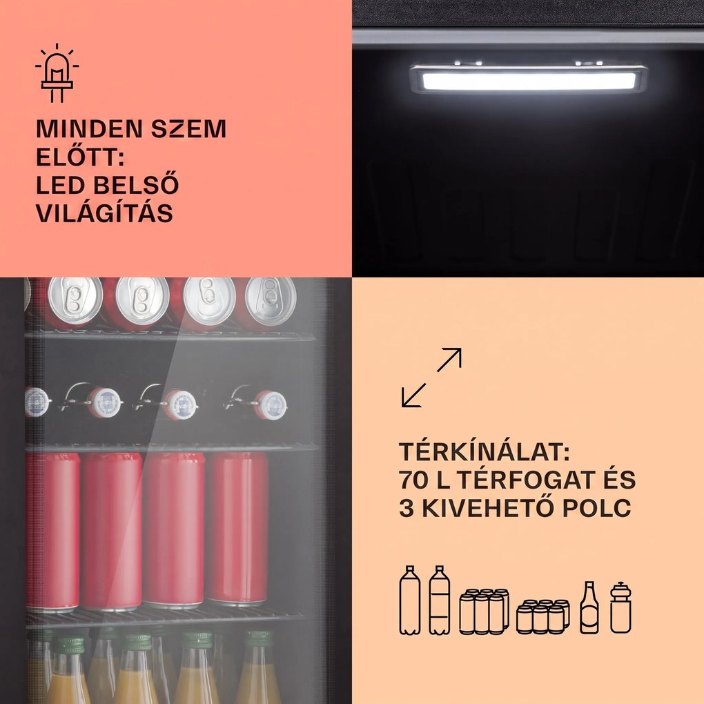 Klarstein Beercave 70, hűtőszekrény, 70 liter, 3 polc, háromszorosan szigetelt üvegajtó, érintős