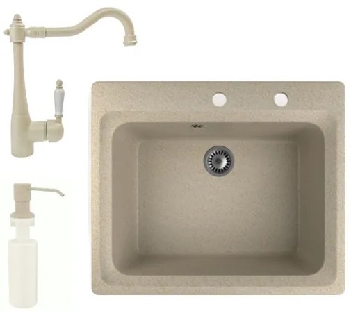 Gránit mosogató NERO Italia + rusztikus csaptelep + adagoló + (bézs)