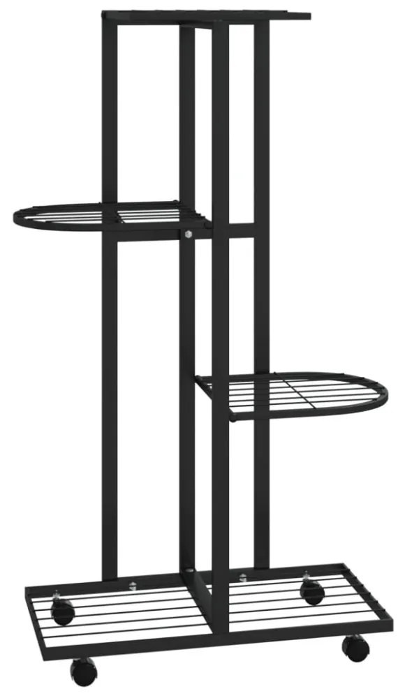 4 szintes fekete vas virágtartó állvány kerekekkel 44x23x80 cm