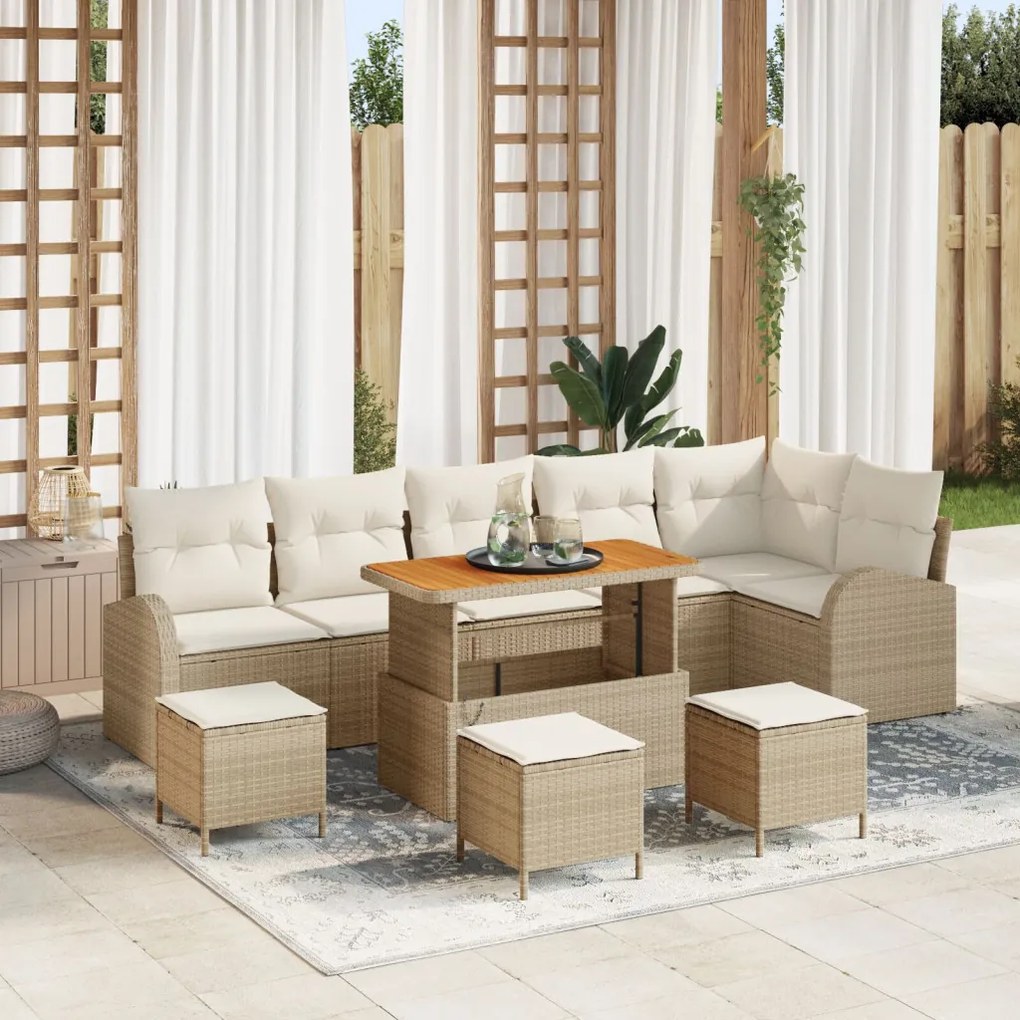 9 részes kertiszófa szett párnákkal Bézs Poli Rattan Akác, 2 üléses kertiszófa párnákkal Bézs Poli Rattan, 3 részes kültéri étkező szett párnákkal Bézs Poli Rattan Akác