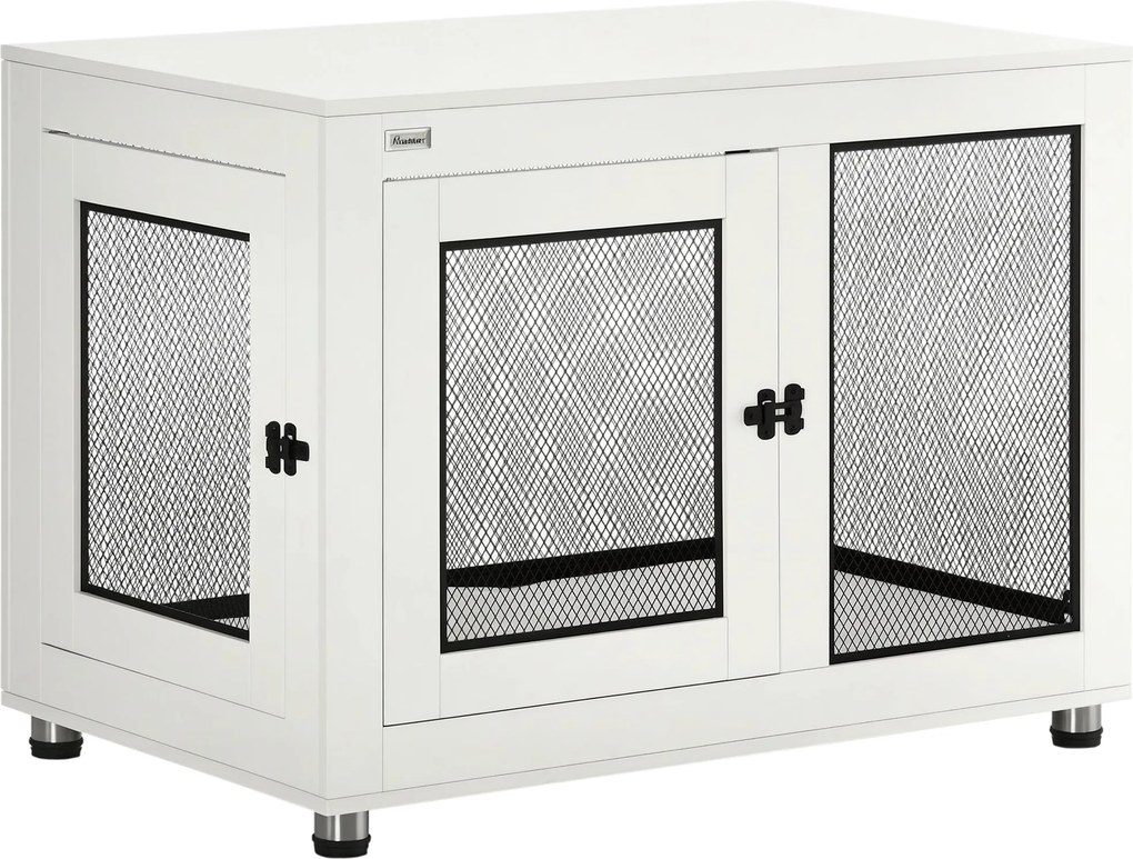 PawHut Otthoni Kutya Ketrec, 2 Ajtós Kutya Fészek, Mosogatógépben Mosható Párna, Állítható T lábakkal, Zárható, Nagy Kutya számára 30 kg-ig, Fehér, 94