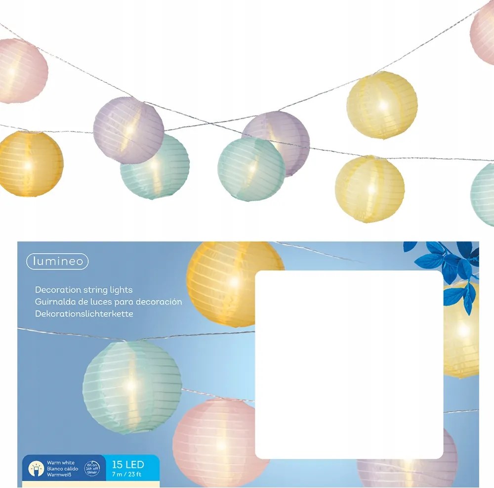 Kerti fényfüzér színes lampionok 15 Led meleg fehér 7m