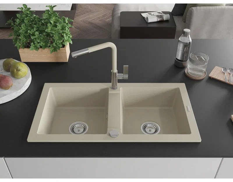 Mexen Mario, 2 kamrás gránit mosogató 820x436x161 mm és Flora mosogató csaptelep, bézs, 6504-69-670401-09