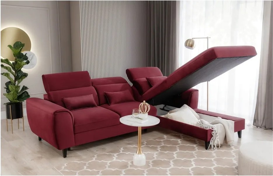 Piros bársony kinyitható-tárolóhelyes sarokkanapé (jobb oldali-heverő résszel) Foble – ELTAP