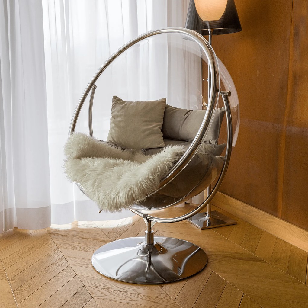 Függő fotel állvánnyal, átlátszó/ezüst/szürke, BUBBLE NEW TYP 2