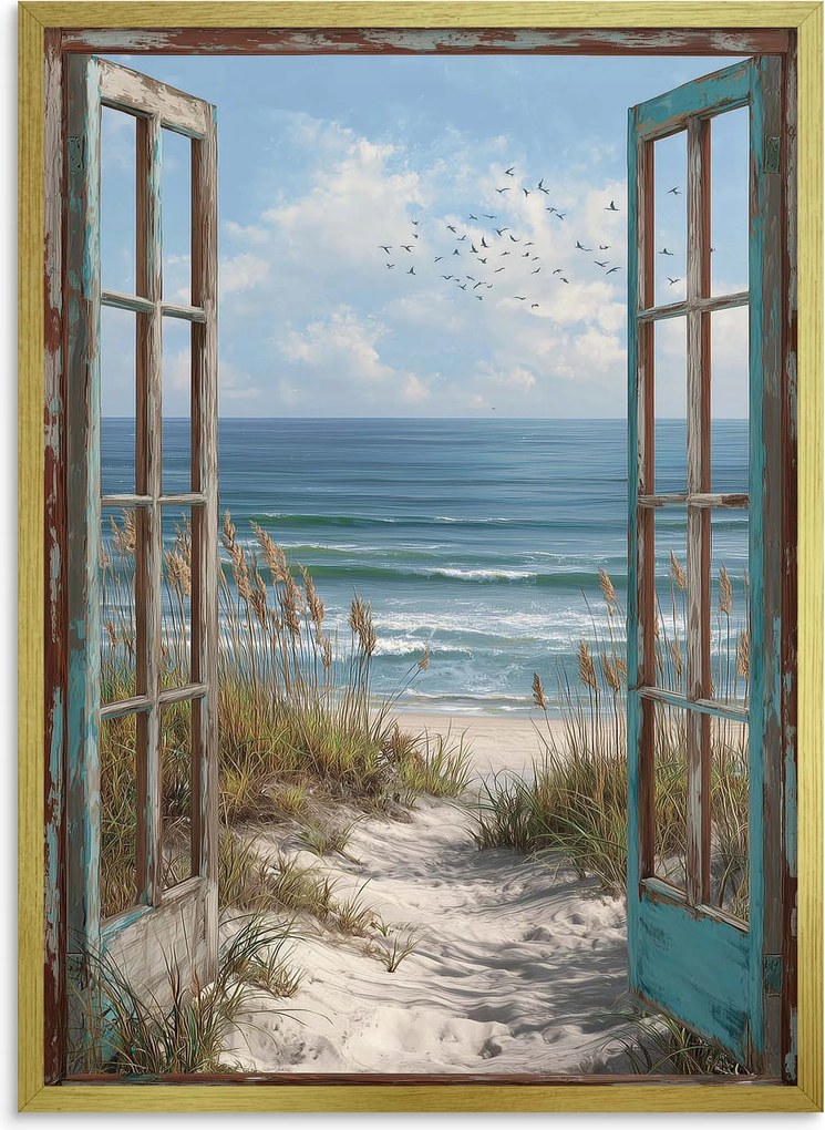 Poszter Falikép Fali dekoráció a nappaliba Ablak Kilátás a tengerpartra