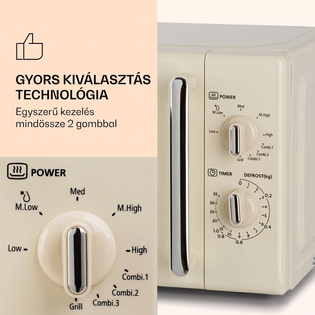Klarstein Caroline, mikrohullámú sütő, 20 l, 700/1000 W, Ø 25.5 cm, QuickSelect, retró, krémszínű