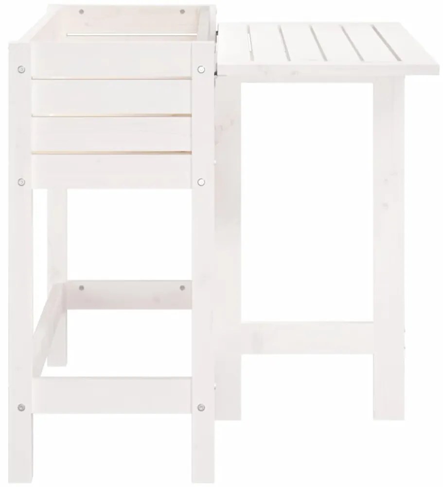 fehér tömör fenyőfa kerti ültetőláda összecsukható asztallappal