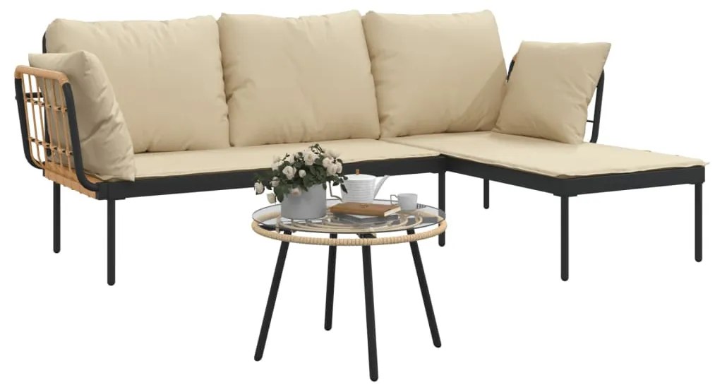 3 részes polyrattan kerti ülőgarnitúra bézs párnákkal