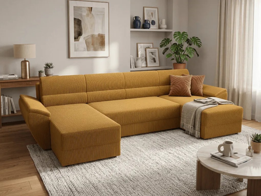 Kihúzható U alakú ülőgarnitúra TAVERO 321x140 cm, mustársárga
