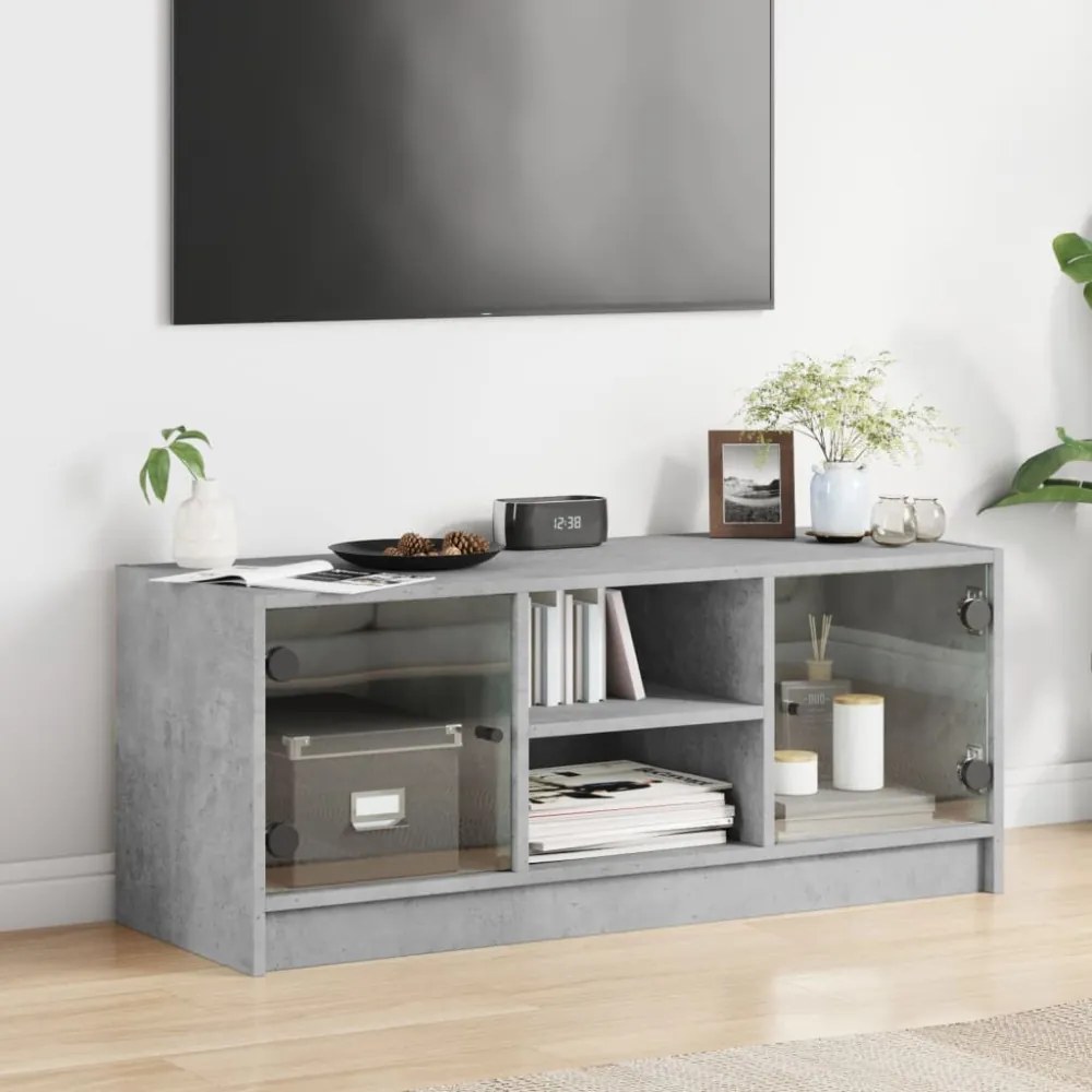 betonszürke TV-szekrény üvegajtókkal 102 x 37 x 42 cm