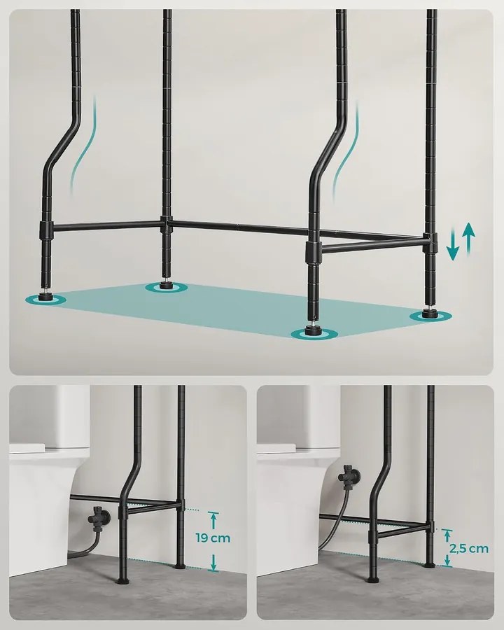 SONGMICS 4 Szintes WC feletti Állvány Akasztókkal és Toalettpapír-tartóval, 30 × 63 × 176 cm, Fekete