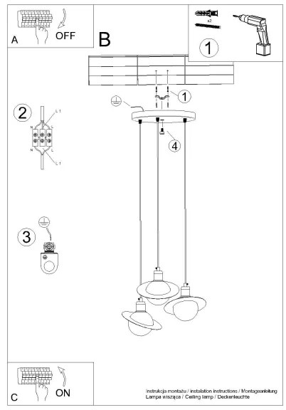 Sollux SL.1359 - Csillár zsinóron HYPERION 3xG9/8W/230V fekete