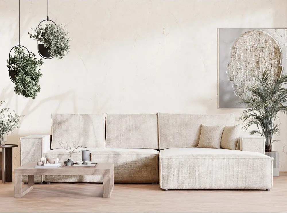 Krémszínű zsenília kinyitható-tárolóhelyes sarokkanapé (jobb oldali-heverő résszel) Maze – Maison de Rêve