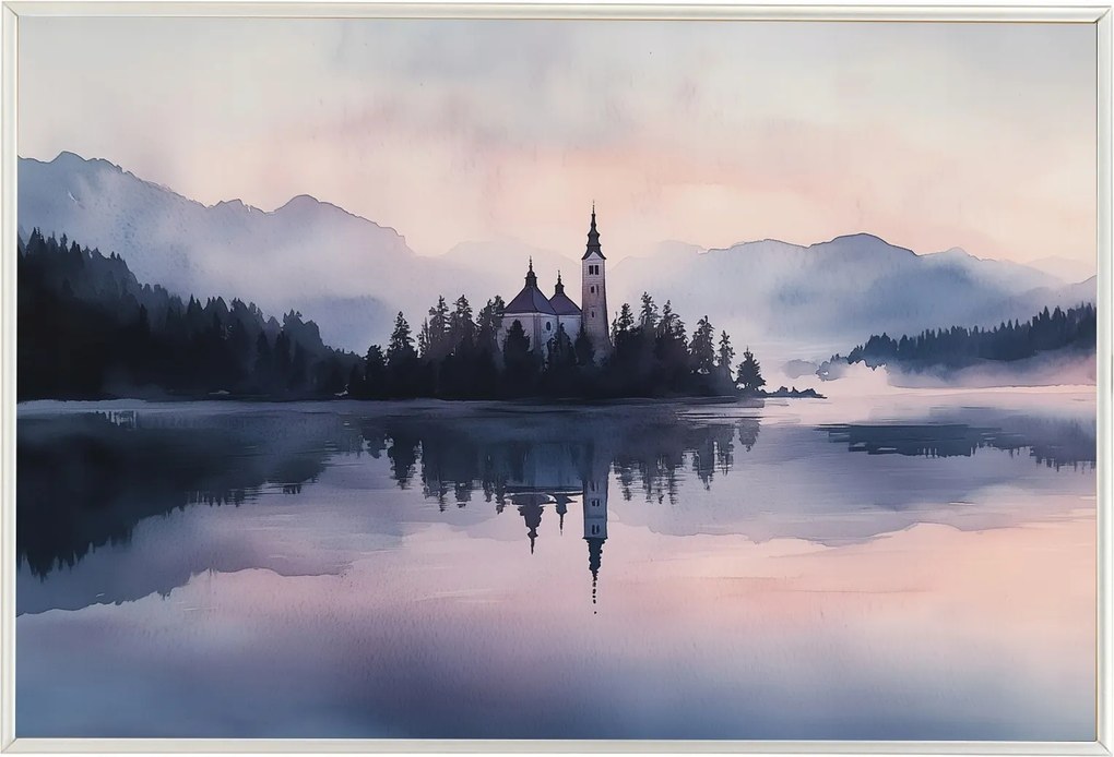 Poszter Keret Alumínium Tó Templom Hegyek Hiba Szlovénia Alpok 60x40