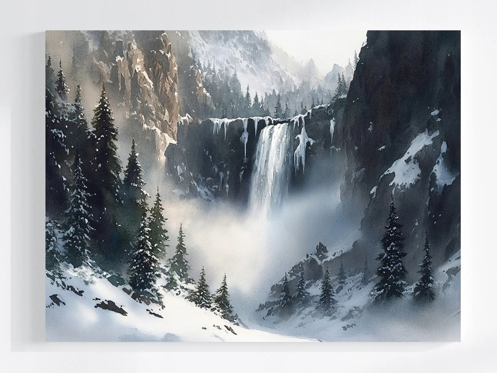 Vászonkép Canvas Tájkép Hegyek Csúcsok Sziklák Vízesés Tél 80x60