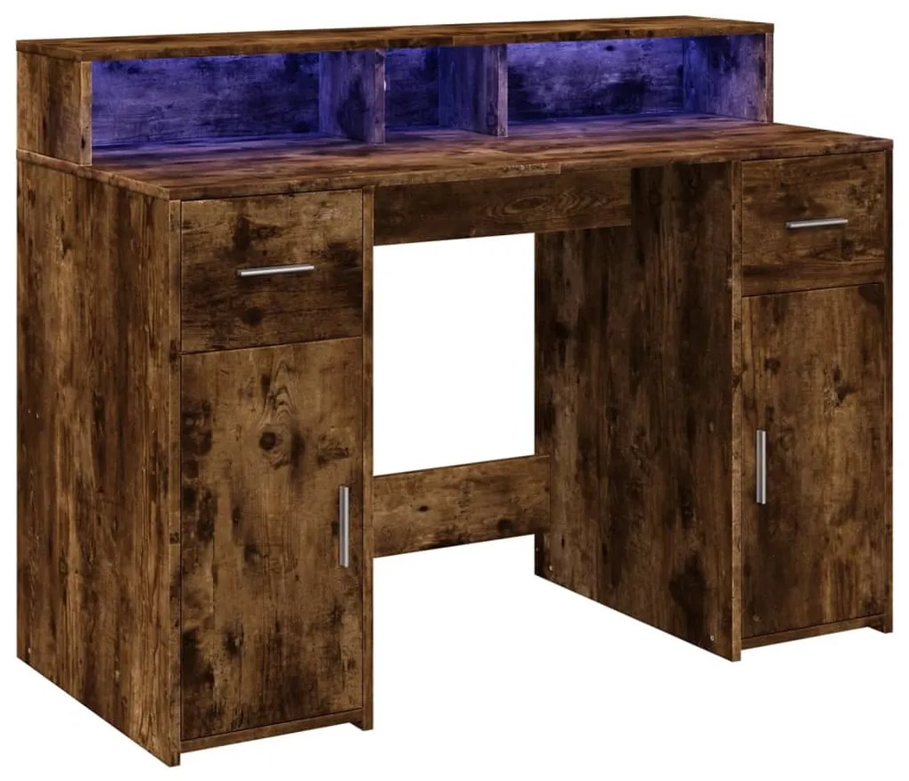 füstös tölgy színű szerelt fa íróasztal LED-ekkel 120x55x91 cm