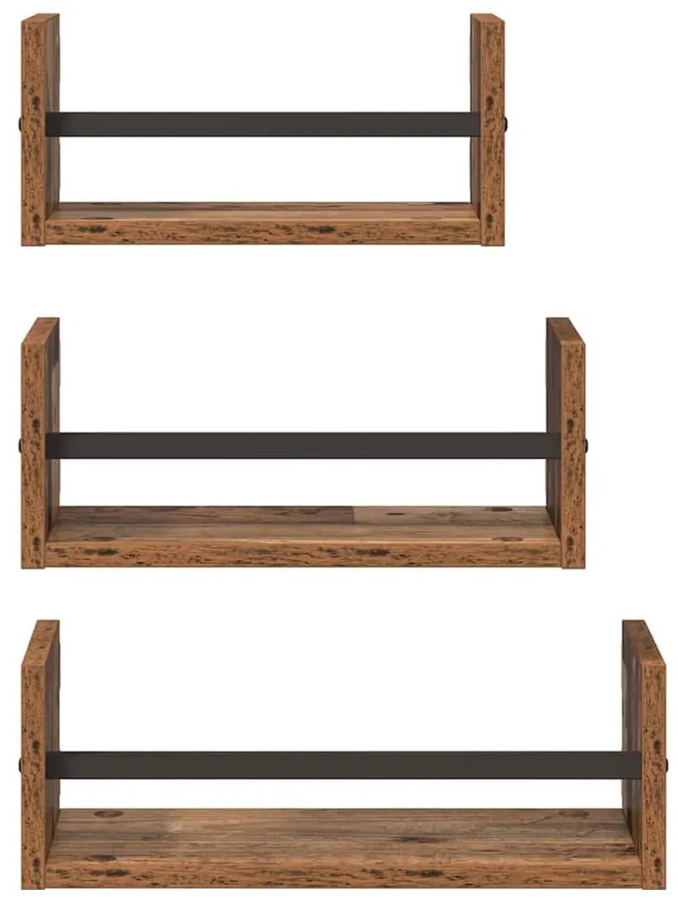 vidaXL Fali polc készlet polcokkal 3 pcs Öreg fa 40x16x14cm Faanyag