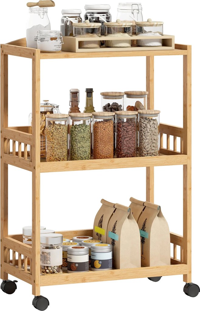HOMCOM 3 szintes gurulós konyhai kocsi — bambusz tálaló- és tárolókocsi kerekeken, natúr | Aosom
