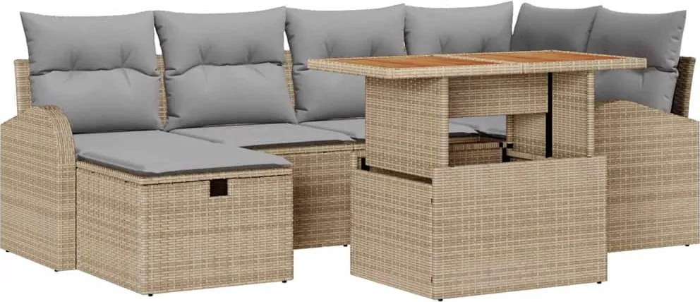 vidaXL Kerti Kanapé Szett párnával tárolóval 7 pcs Bézs polirattan