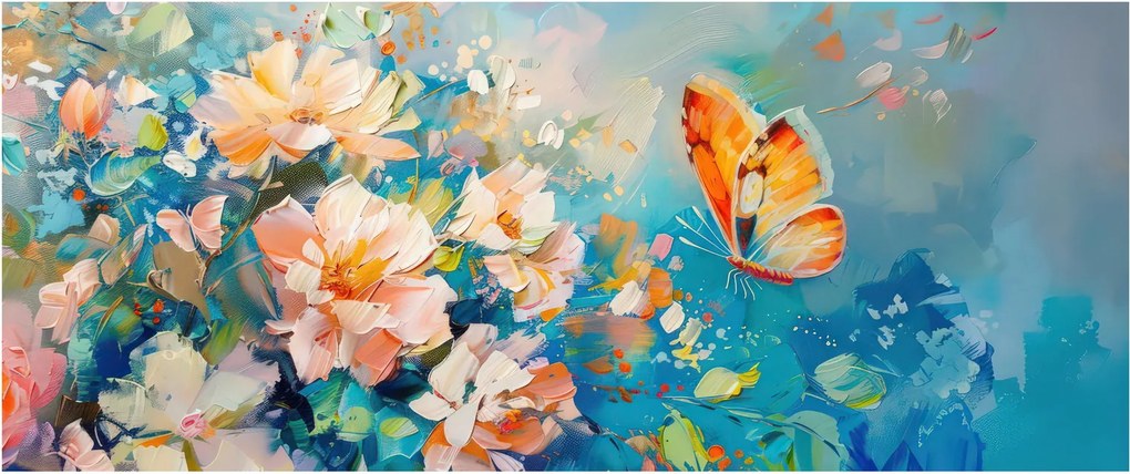 Kép - Pillangó és virágok, olajfestmény II. (120x50 cm)