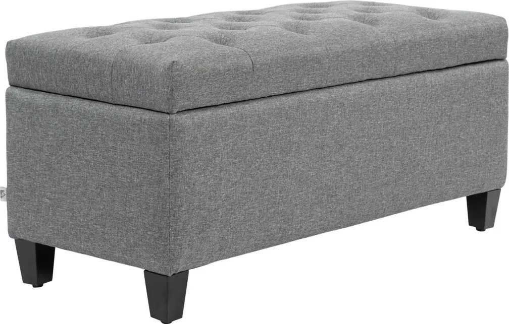 Pad, kárpitozott pad tárolóhellyel, vászonhatású poliészter, kaucsukfa, 100 x 40 x 44 cm, világosszürke