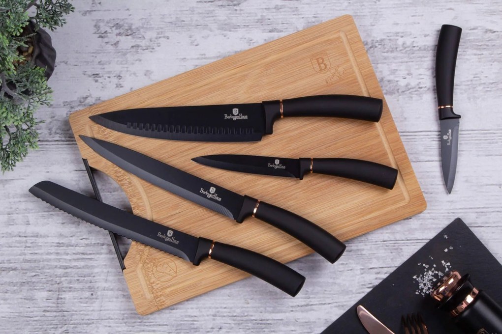 Berlinger Haus rozsdamentes acél 6 részes késkészlet bambusz vágódeszkával Black Rose Collection