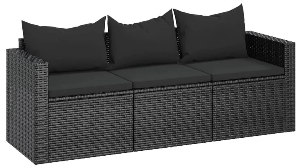 Fekete 3 személyes polyrattan kerti kanapé párnákkal