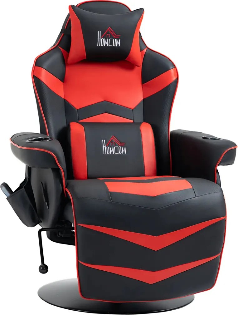HOMCOM Prémium Gamer Szék, masszázs funkció, dönthető háttámla, lábtartó, acél keret, műbőr, piros