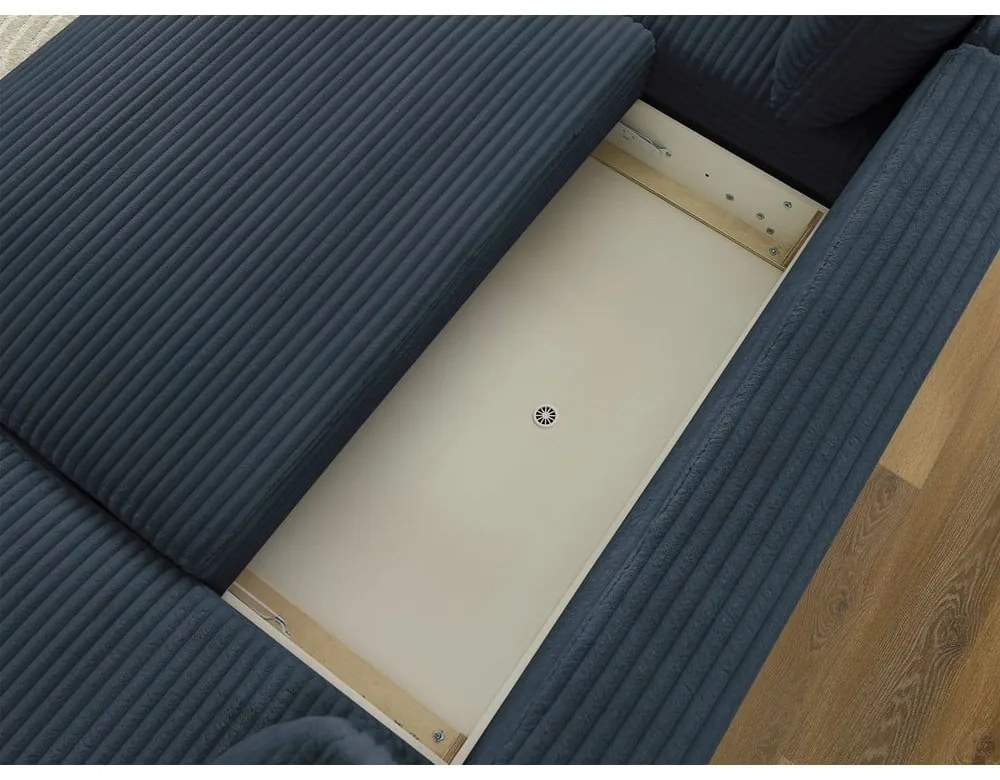 Sötétkék kordbársony kinyitható-tárolóhelyes sarokkanapé (bal oldali-U alakú) Lucien – Bobochic Paris