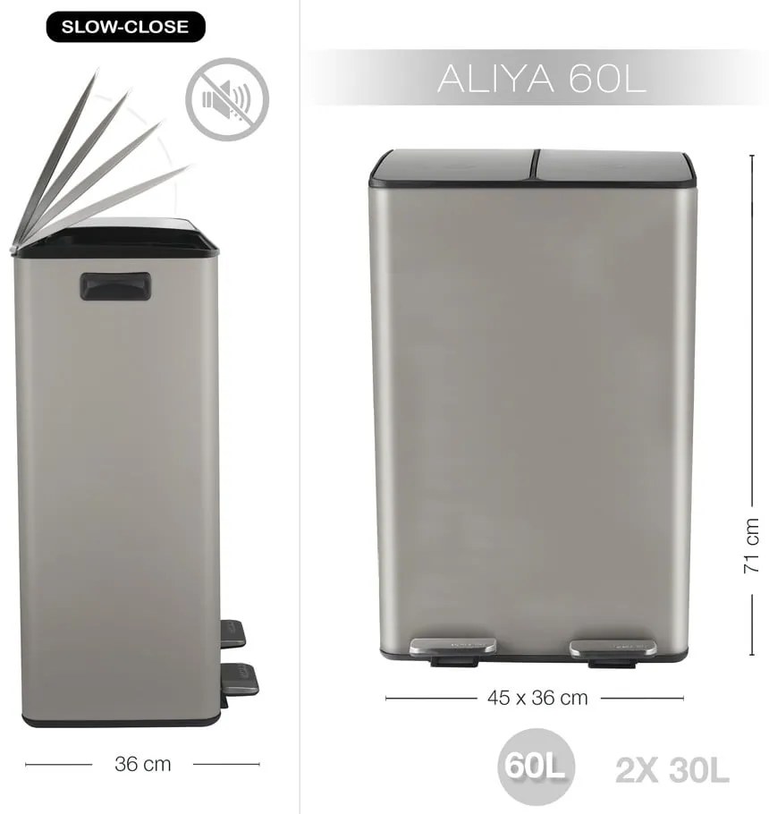 Szürkésbarna acél szelektív pedálos szemetes 2x30 l Aliya – Spirella