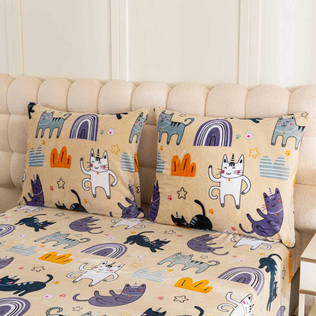 Mikroplüss ágyneműhuzat szett PURRSLEEP bézs + mikroplüss lepedő SOFT 90x200 cm fehér, egyszemélyes