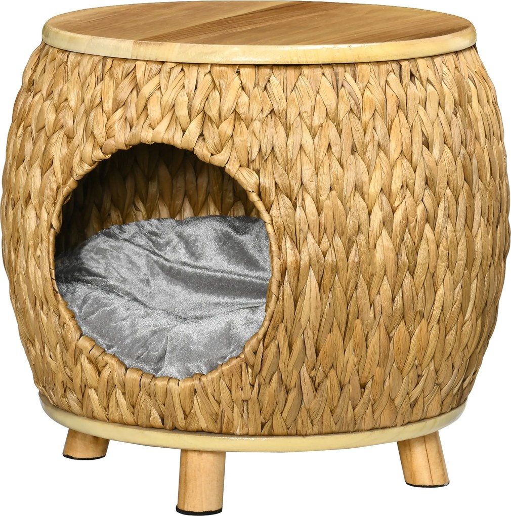 Pawhut Rattan Macska Barlang 2 az 1-ben Tervezés Macska Kosár Párnával Macska Ágy Macska Kabin Kisállat Ágy Vízitöke Fű Paulownia Fa Világosbarna+Szür
