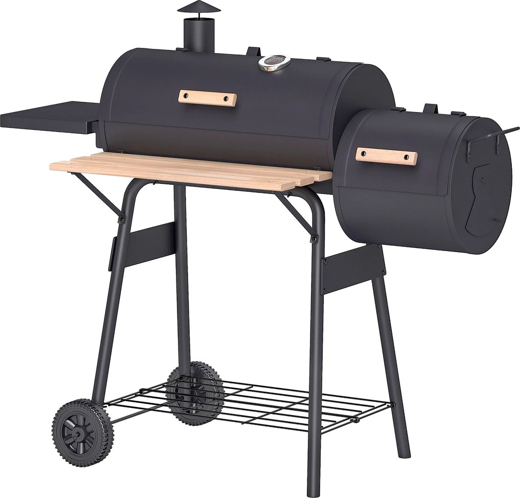 Outsunny 3 az 1-ben Szén Barbecue Füstölő Grill BBQ 124x53x104 cm Hőmérővel és Kerekekkel, Fából készült Polcok Piknikhez Kempingezéshez Kültéren | Ao