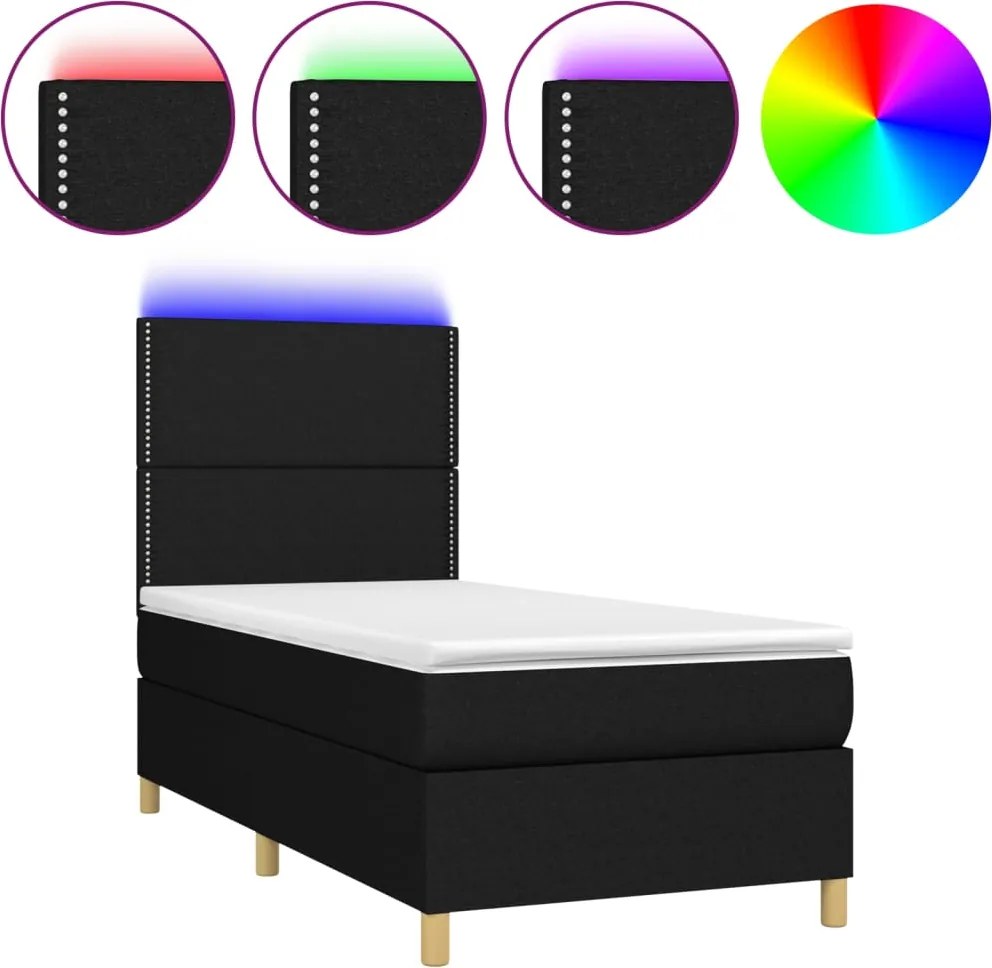 vidaXL fekete szövet rugós és LED-es ágy matraccal 90x200 cm