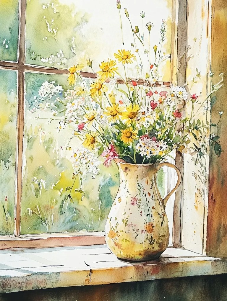 Vászonkép Canvas Ablak Dekoráció Mezei Virágok Csokor Kancsó 75x100