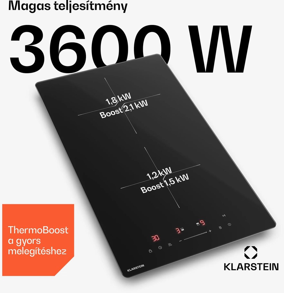 Klarstein PowerGlide indukciós főzőlap | Modern, kompakt és nagy teljesítményű | 2 főzőzóna | 3500 W | 30 cm