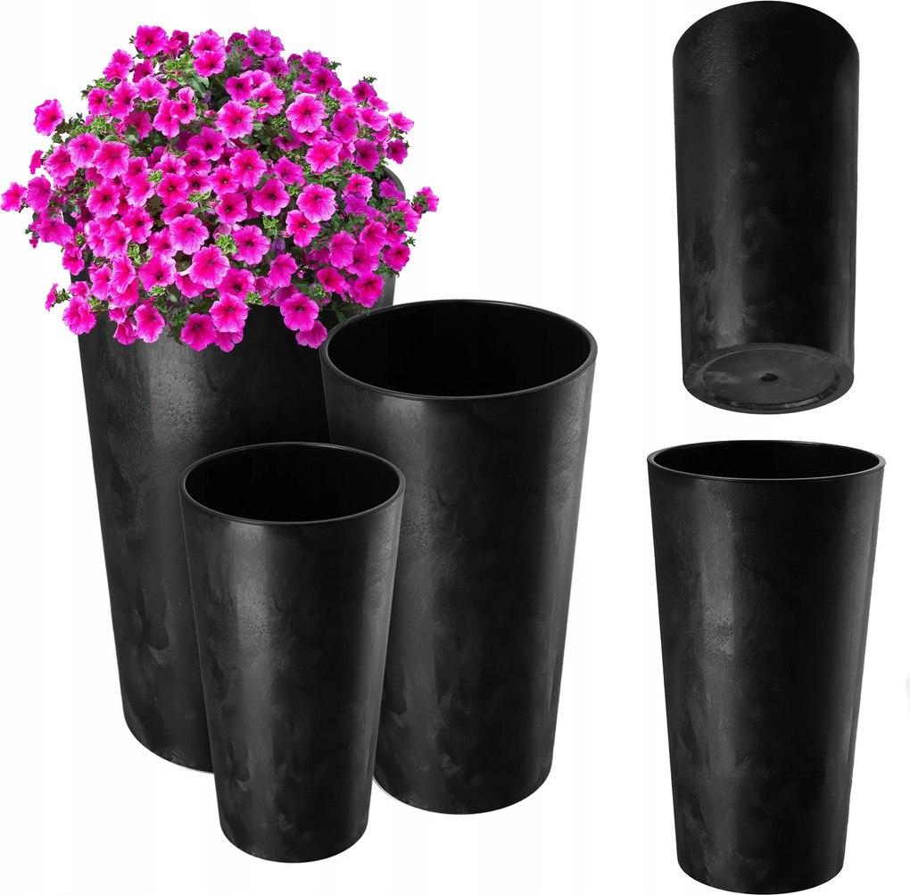 3db-os Virágtartó Szett Kerti Virágtartó Betét Magas Nagy Fekete 37+47+57 cm