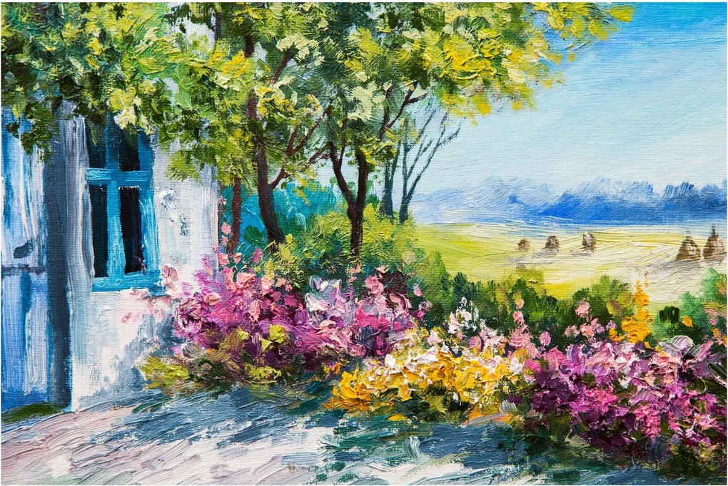 Kép a ház előtti kertről, olajfestmény (90x60 cm)