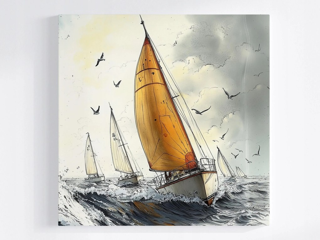 Vászonkép Canvas Sport Tenger Verseny Regatta Vitorlás Sirály Hullámok 80x80