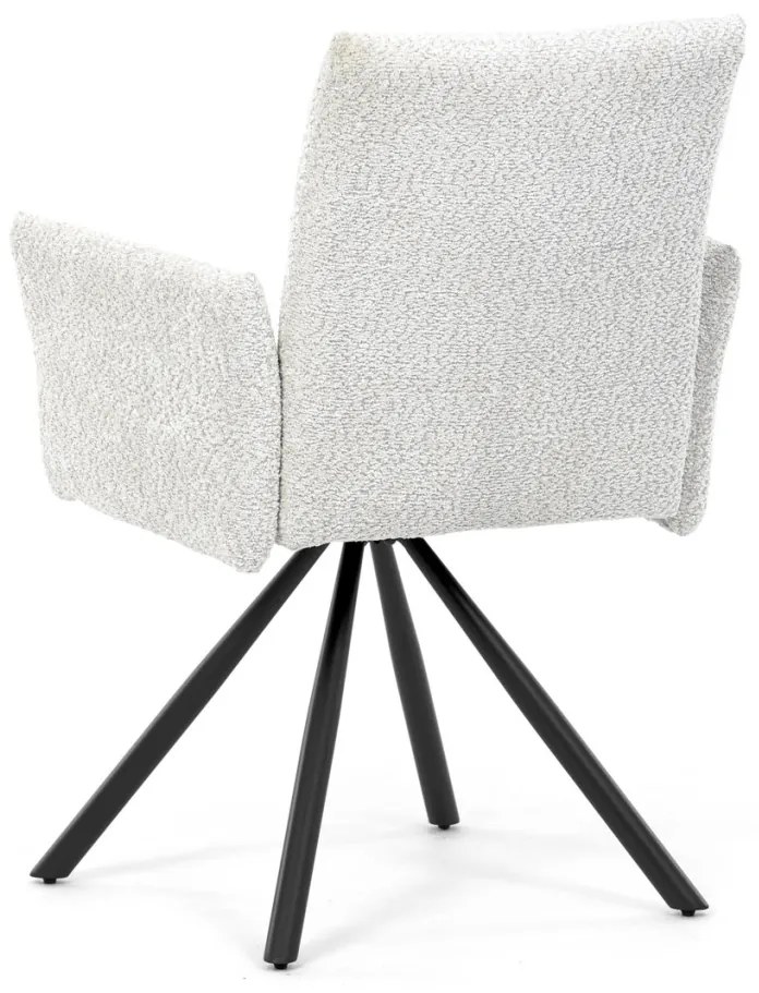 Scaun de sufragerie pivotant, țesătură Bouclé, picioare din metal negru, mecanism de rotire 90°/90° (dreapta/stânga) - funcție de resetare