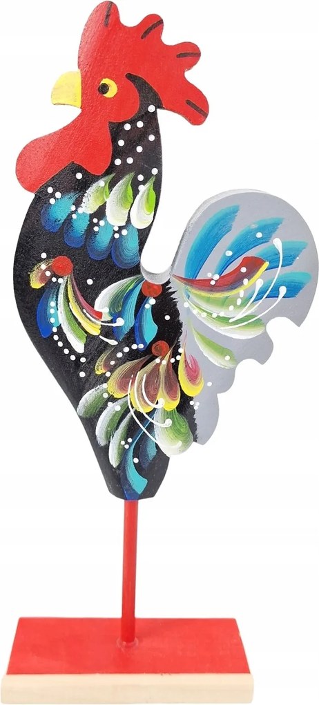 Színes Kakas Figura Dekoráció Állványon Fa Kézzel Készített Festett *24 cm
