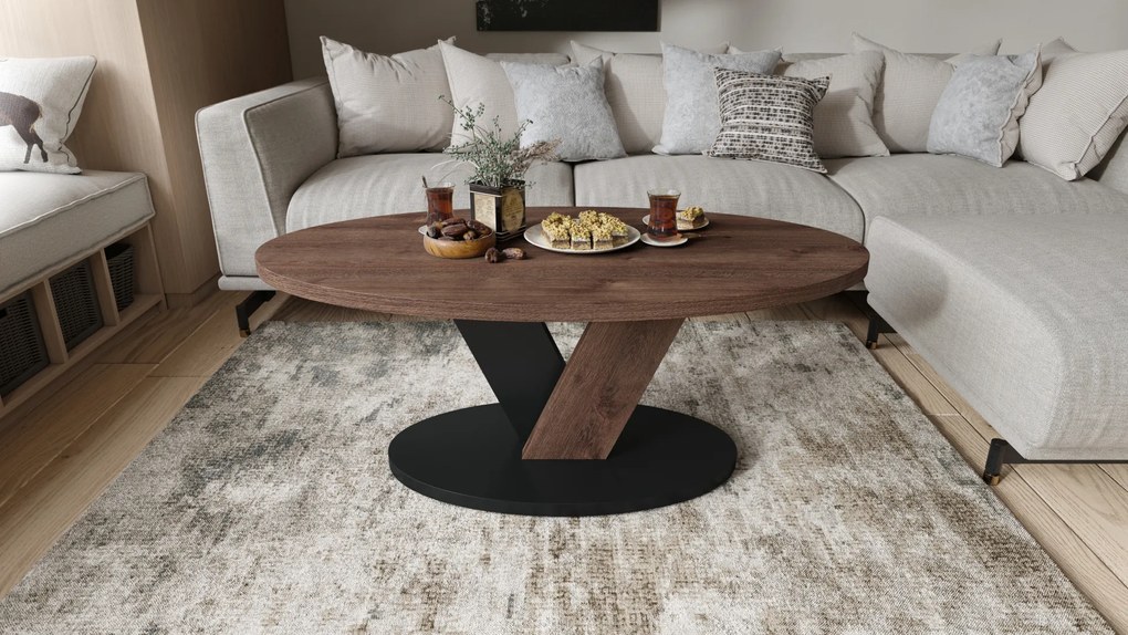 Mazzoni LOVA Barna Tölgy/fekete - OVÁLIS DOHÁNYZÓASZTAL 110x60 cm MODERN KÁVÉZÓ ASZTAL