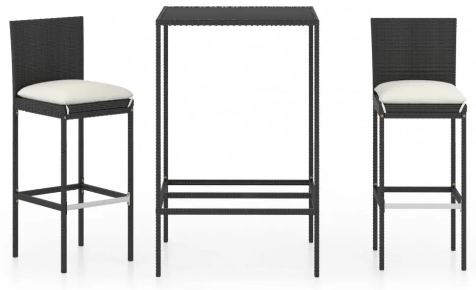 vidaXL 3 részes fekete polyrattan kültéri bárszett párnákkal