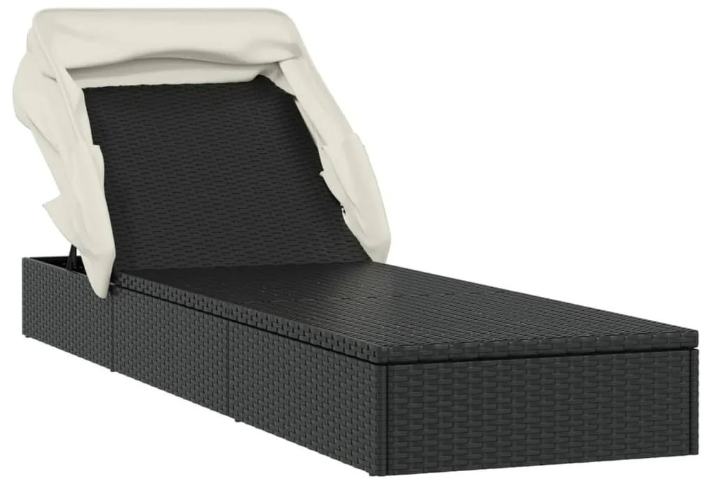 Fekete polyrattan napozóágy összecsukható tetővel 213x63x97 cm